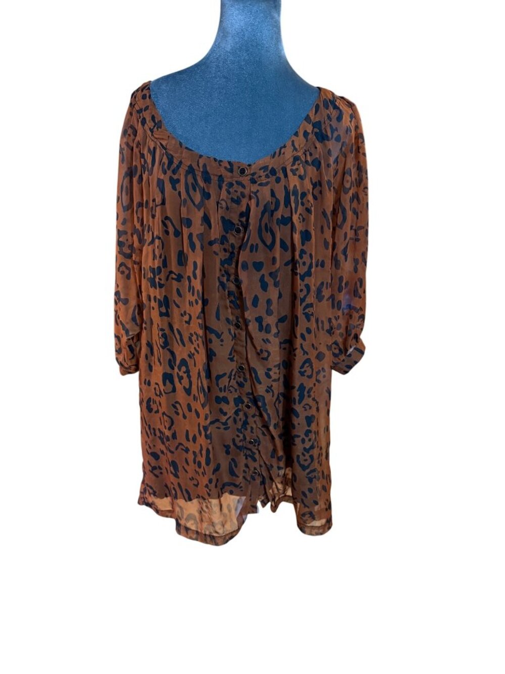 Minkpink Brown & Black Animal Print Sheer Tunic Blouse With 3/4 Sleeves Size S